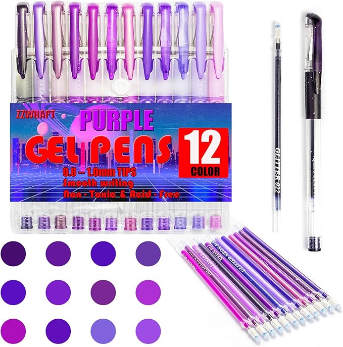 Purple Gel Pens for Coloring Book,36 Color Gel Pens Set including 12 Color Gel Pen with 24 Refills,40% More Ink Colored Gel Pens for Drawing, Doodling, Scrapbook, Journaling-DeskLoop Office
