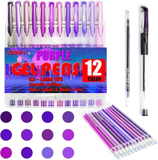 Purple Gel Pens for Coloring Book,36 Color Gel Pens Set including 12 Color Gel Pen with 24 Refills,40% More Ink Colored Gel Pens for Drawing, Doodling, Scrapbook, Journaling-DeskLoop Office