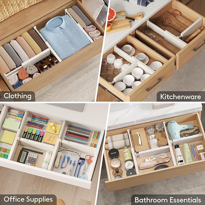 Lifewit 20 Pack Drawer Dividers 4" High, 11-17" Adjustable Dresser Drawer Organizers for Clothes, Expandable Dresser Separators in Bedroom/Bathroom/Kitchen/Vanity/Office Organization and Storage,Beige-DeskLoop Office