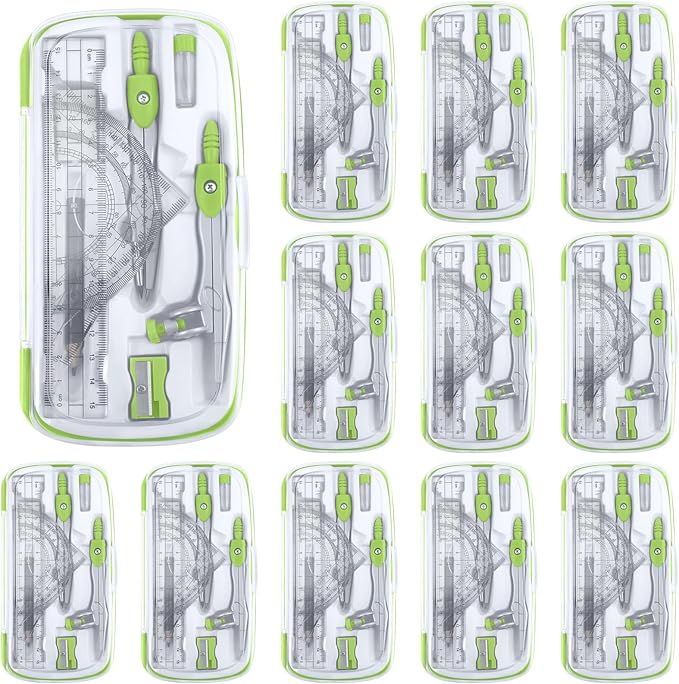 Teling 12 Sets Math Geometry Kit for Students 10 Pcs Compass Geometry Tools Set Includes Rulers Protractor Compass Eraser Pencil Sharpener Lead Refills Pencil (Green)-DeskLoop Office