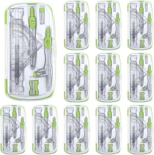Teling 12 Sets Math Geometry Kit for Students 10 Pcs Compass Geometry Tools Set Includes Rulers Protractor Compass Eraser Pencil Sharpener Lead Refills Pencil (Green)-DeskLoop Office