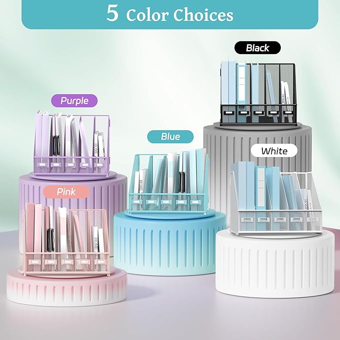 SUPEASY Desk Organizers Metal Desk Magazine File Holder with 5 Vertical Compartments Rack File Organizer for Office Desktop, Home Workspace, Blue-DeskLoop Office