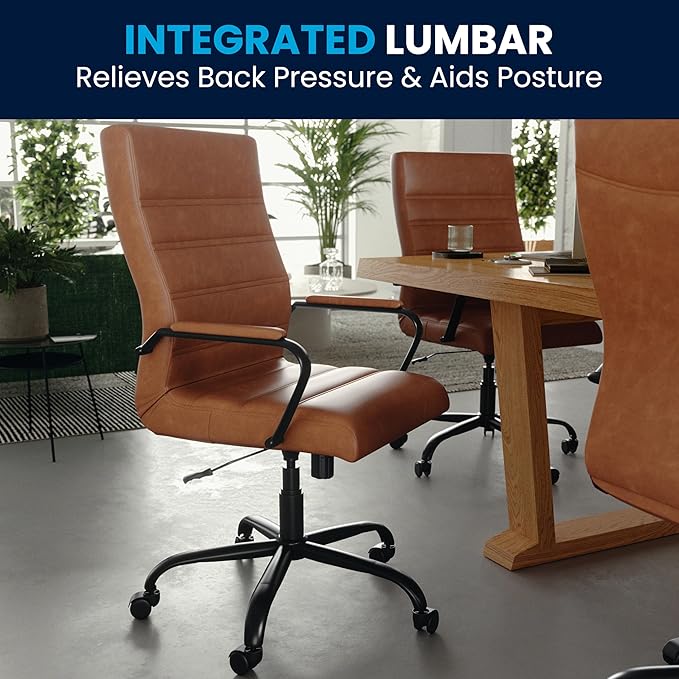 Flash Furniture Whitney High-Back Swivel LeatherSoft Desk Chair with Padded Seat and Armrests, Adjustable Height Padded LeatherSoft Office Chair, Brown/Black Gold-DeskLoop Office