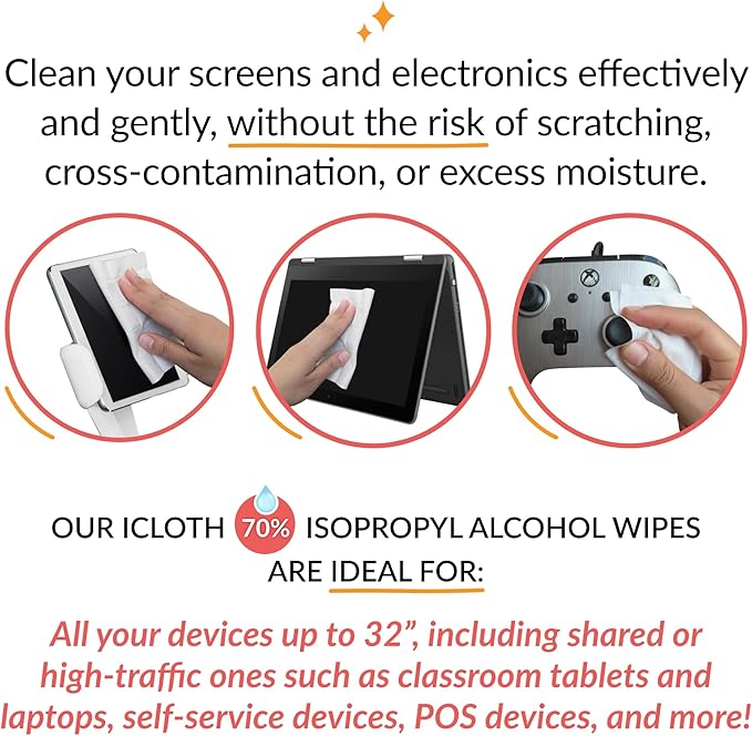 iCloth 70% Isopropyl Alcohol Large Screen and Electronics Wipes, Lint-Free, Streak-Free, Fast-Drying, Removes Dust and Fingerprints (700 Wipes)-DeskLoop Office