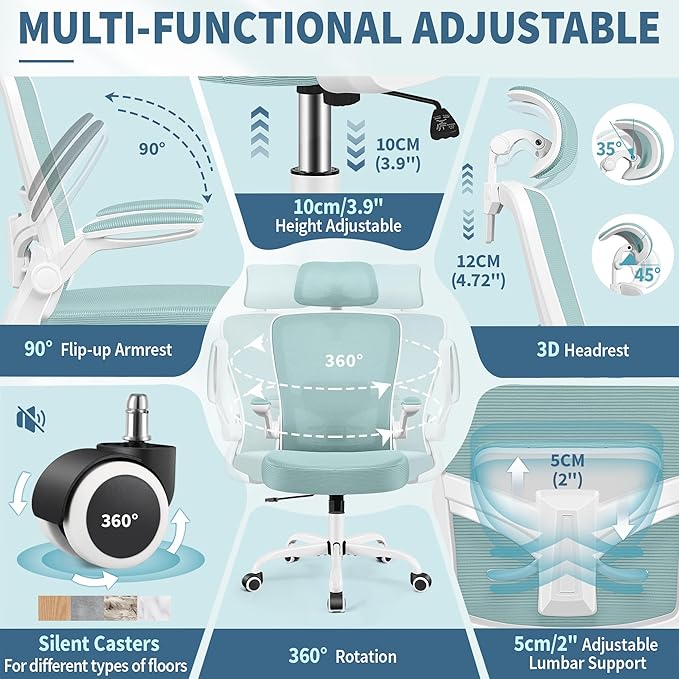 FelixKing Ergonomic Office Chair, Headrest Desk Chair Office Chair with Adjustable Lumbar Support, Home Office Swivel Task Chair with High Back and Armrest, Adjustable Height Gaming Chair(Light Blue)-DeskLoop Office