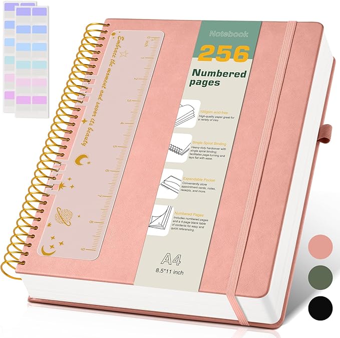 A4 Spiral Notebook Journal 8.5” x 11”, 256 Numbered Pages Hardcover Leather Journals for Women Men, Large Lined College Ruled Notebooks, 100GSM Thick Paper, Spiral Bound Journal for Work School, Pink-DeskLoop Office