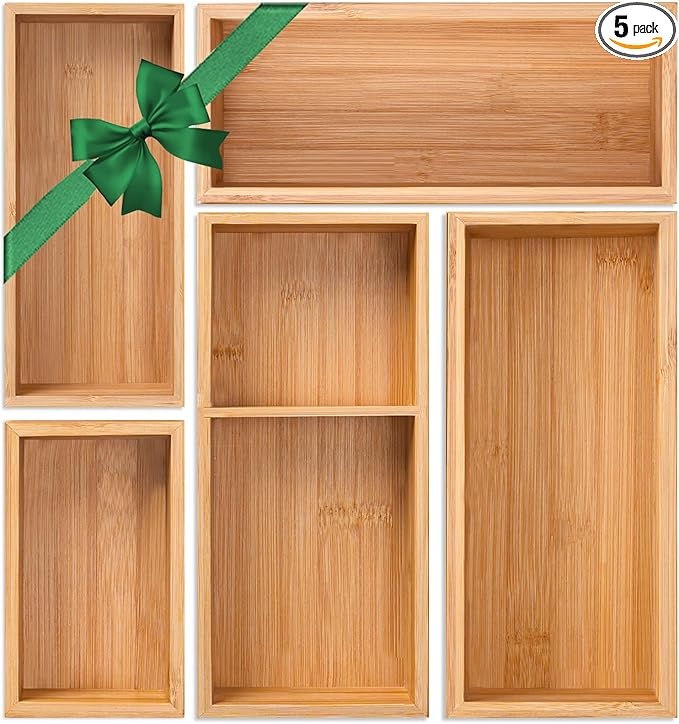 Bamboo Drawer Organizer 5 Pcs for Kitchen Multi-purpose Storage Dividers for Kitchen, Office, Jewelry, Cosmetics, Wooden Drawer Dividers for Drawer Organizer Desk Organizer Gift for Women Gifts Idea-DeskLoop Office