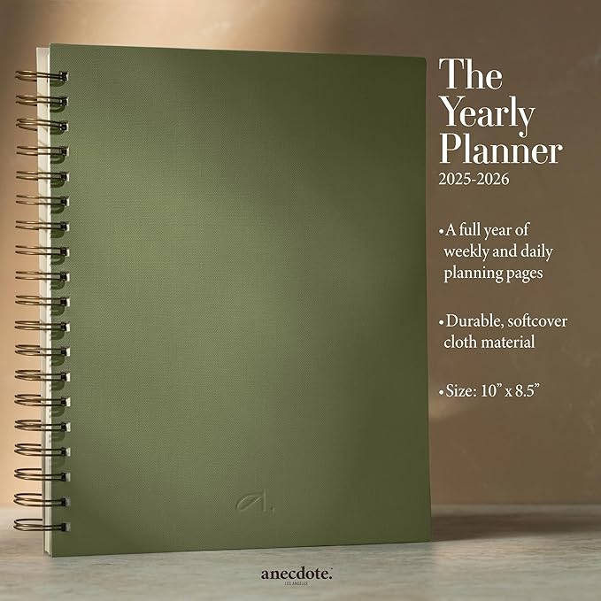 Anecdote Planner 2025 (8.5" x 10") Daily Planner Weekly Monthly Planner - 52 Weeks w/Library Buckram Cover, Brass Spiral - A4 Size Bleed-Resistant Paper – Olive Green