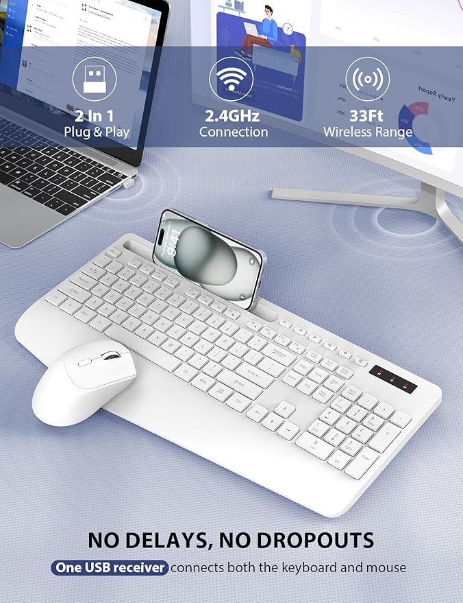 Wireless Keyboard and Mouse Combo - Full-Sized Ergonomic Keyboard with Wrist Rest, Phone Holder, Sleep Mode, Silent 2.4GHz Cordless Keyboard Mouse Combo for Computer, Laptop, PC, Mac, Windows,White-DeskLoop Office