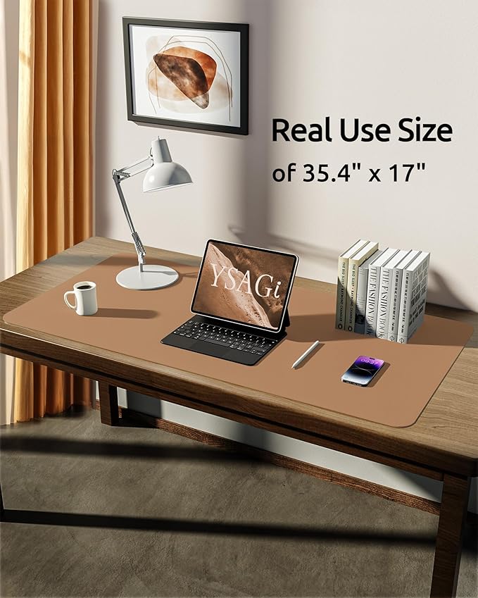 YSAGi Leather Desk Protector, Office Mat, Large Mouse Pad, Non-Slip PU Leather Blotter, Laptop Desk, Waterproof Writing Pad for Office and Home (Khaki, 35.4" x 17")-DeskLoop Office