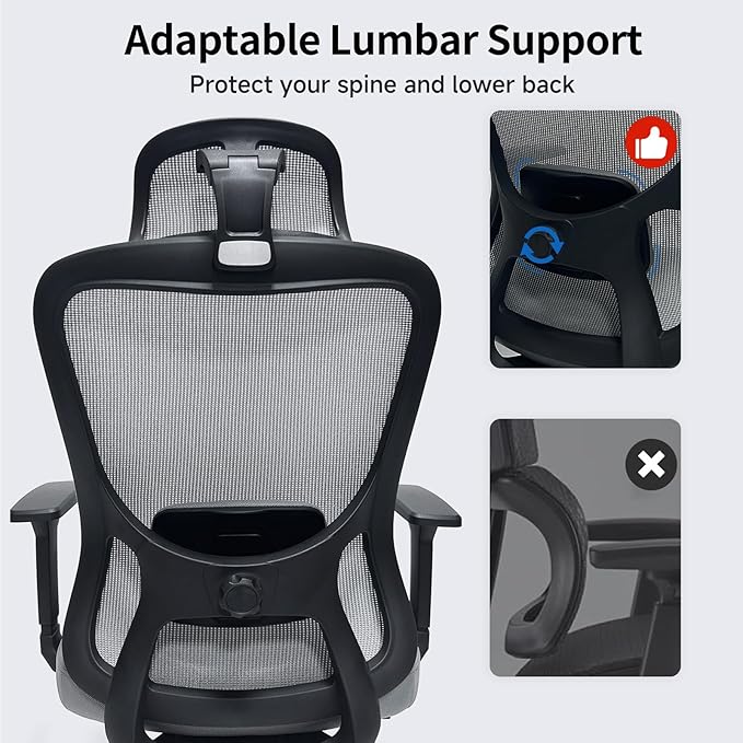 Ergonomic Desk Office Chair, High Back Home Computer Chair with Adjustable Swivel 3D Armrests for Comfort Lumbar Supports Up to 400lbs (Grey)-DeskLoop Office