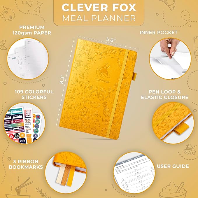 Clever Fox Weekly Meal Planner - Weekly & Daily Meal Prep Journal with Shopping and Grocery Lists for Menu Planning, Healthy Diet & Weight Loss Tracking, Lasts 1 Year, Undated, A5 - Amber Yellow-DeskLoop Office
