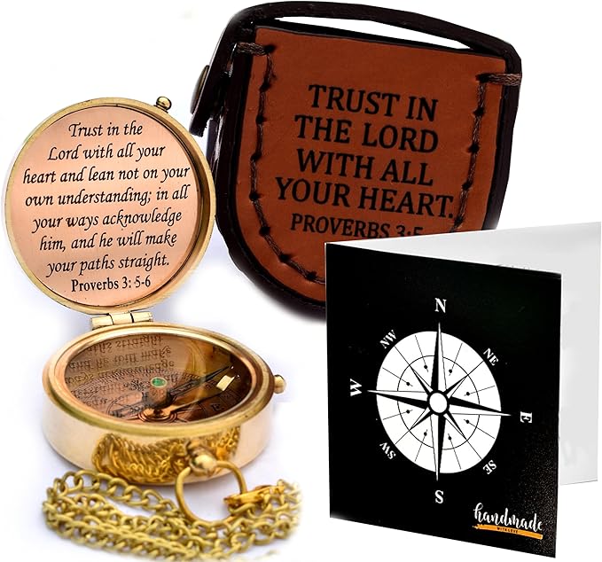 Trust in The Lord With All Your Heart - Proverbs 3:5-6 Quote Engraved Compass With Wooden Box, Greeting Card, Gift Compass, Graduation Day Gifts 2024 for Women Men Boys Girls-DeskLoop Office