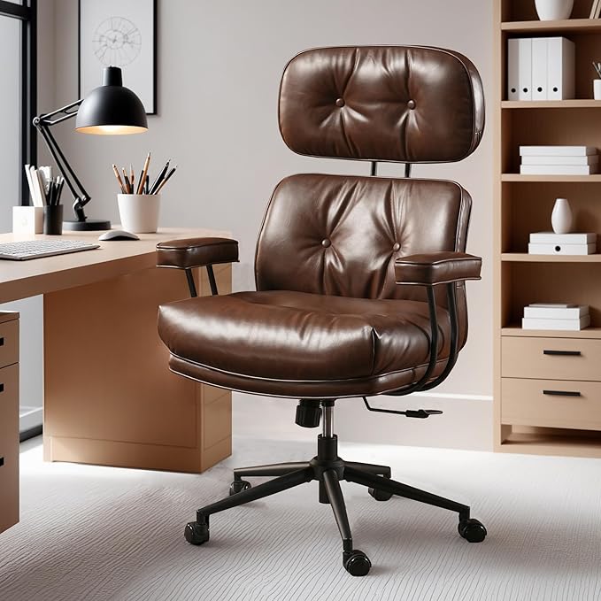 ovios Home Office Chair, Mid-Century Modern Faux PU Leather Chairs with Lumbar Support Comfy Thick Cushion, High Back Ergonomic Swivel Rolling Executive Armchair (Dark Brown, PU Leather)-DeskLoop Office