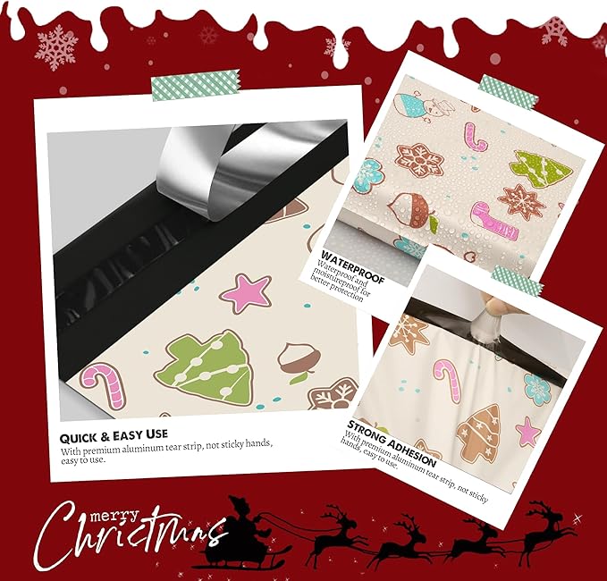 Christmas Poly Mailer 10x13 Inch 100 Pcs, Waterproof Shipping Bags for Clothing, Tear-Resistant Mailier Bags, Strong Mailing Bags with Self-Seal - Christmas Elements Printed-DeskLoop Office