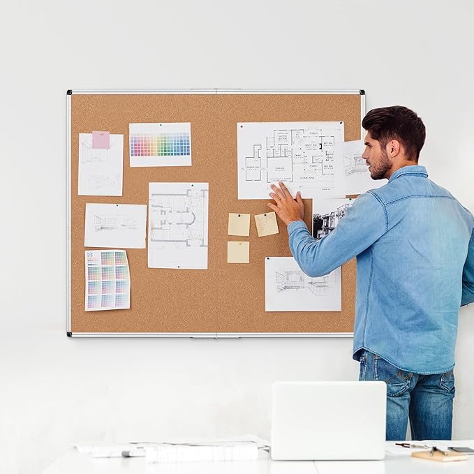 Board2by Extra Large Cork Bulletin Board 48" X 48", Foldable Notice Pin Board for Wall, Silver Aluminum Framed 4'x4' Corkboard, Wall Mounted Noticeboard with 36 Push Pins for School, Home & Office-DeskLoop Office