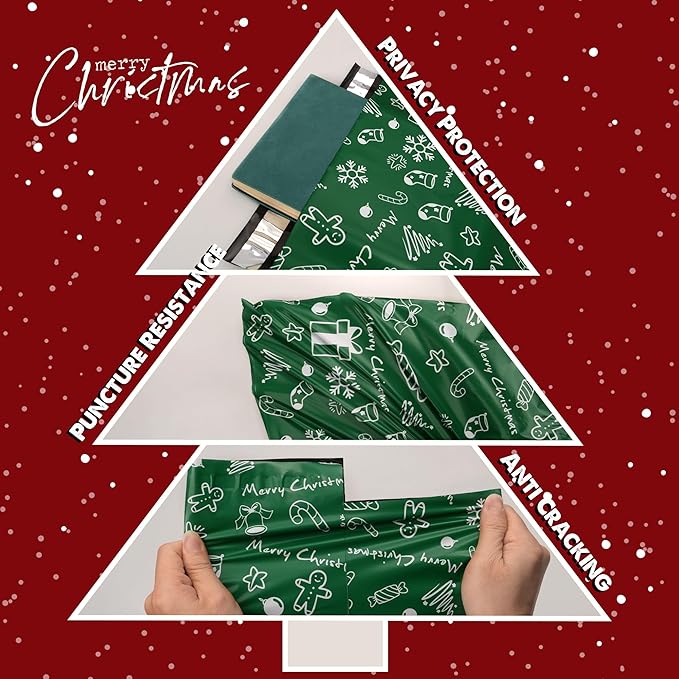 Christmas Poly Mailer - 6x9 Inch, 100 Pcs Waterproof Tear-Resistant Mailer Bags with Self-Seal - Green Merry Christmas-DeskLoop Office