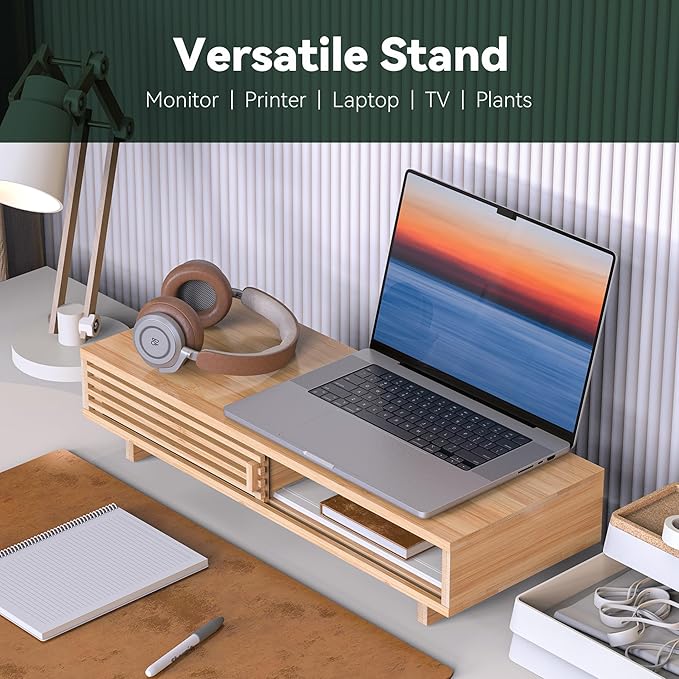 Monitor Stand Riser with Sliding Door, Computer Laptop Stand Desk Shelf Organizer with Storage (Natural Bamboo, 25 Inch)-DeskLoop Office