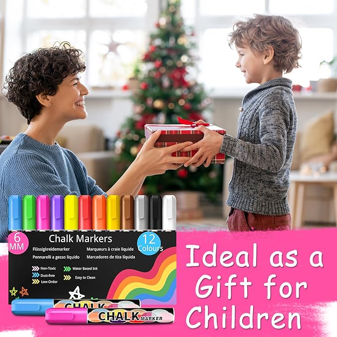 12 Liquid Chalk Markers for Blackboard Washable, 6MM Chalkboard Markers for Whiteboard, Window, Glass, Mirror, Car, Non-Toxic Chalk Pens for Back to School, Office & Home Use-DeskLoop Office
