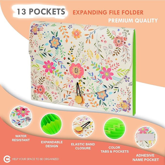 CNK File Folders Organizer with 13 Pockets Accordion Expanding Folder Documents Receipt Document Paper Pocket Filing Accordian Important expandable holder files alphabetical Labels Letter