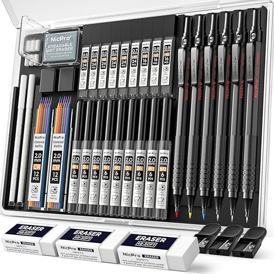 Nicpro 35PCS Black Metal Mechanical Pencils Set in Case, Art Drafting Pencil 0.5, 0.7, 0.9 mm & 3PCS 2mm Graphite Lead Holder for Drawing Sketching With 20 Tube Lead Refills(6B 4B 2B HB 2H 4H Colors)-DeskLoop Office