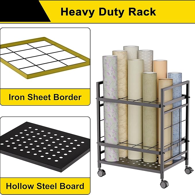 GIOTORENT Blueprint Storage Rack, Blueprint Holder with Wheels, Used for Storing Map/Poster/Blueprint/Architectural Construction Plan, 12 Slots, 2 Brakes, Silent Wheel for Home, Office, School(Black)-DeskLoop Office