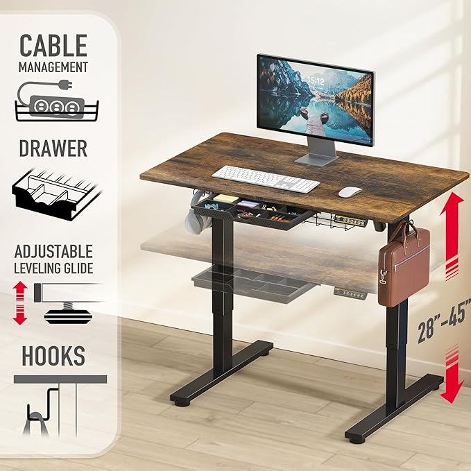 SHW 40-Inch Electric Height Adjustable Standing Desk with Drawer, Memory Preset and Cable Management Tray, Rustic Brown-DeskLoop Office