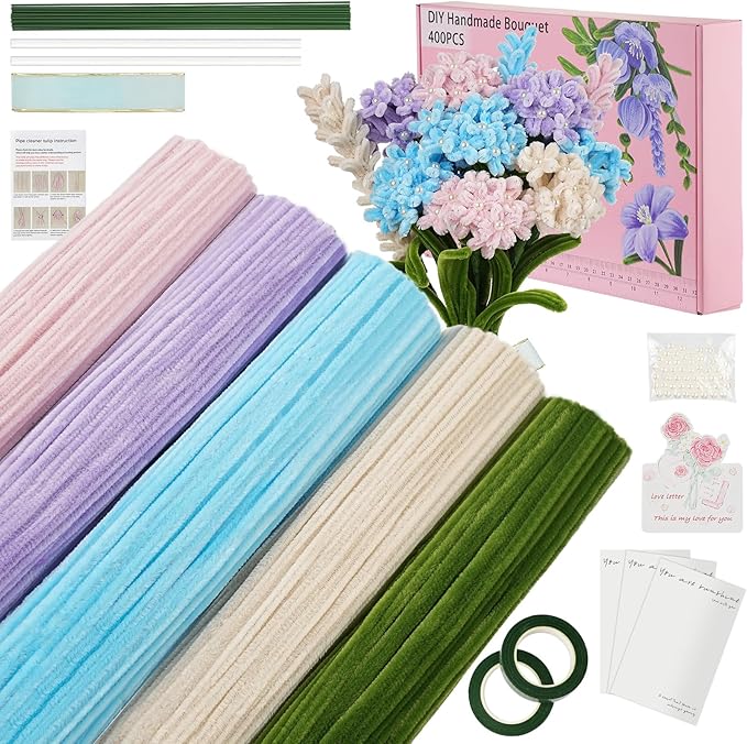 400 Pcs Craft Pipe Cleaners Flowers,5 Assorted Colors Chenille Stems Bulk with Floral Wires, Gardening Tape,Greeting Card,Bouquet Paper,Hot Glue Stick,Pearl & Ribbon,Ideals for Various Types Decor-DeskLoop Office