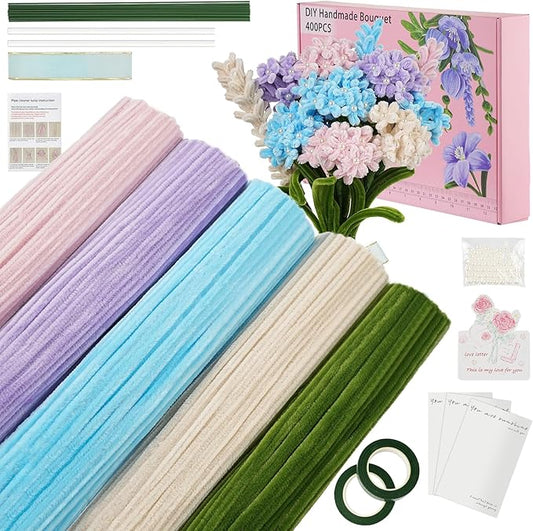 400 Pcs Craft Pipe Cleaners Flowers,5 Assorted Colors Chenille Stems Bulk with Floral Wires, Gardening Tape,Greeting Card,Bouquet Paper,Hot Glue Stick,Pearl & Ribbon,Ideals for Various Types Decor-DeskLoop Office