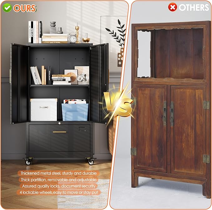 Aobabo Metal 1 Drawer Office File Cabinet with Lock and 2 Doors, Office Steel Files Cabinet with Wheels, Legal/Letter A4 Size, Assembly Required, Black-DeskLoop Office