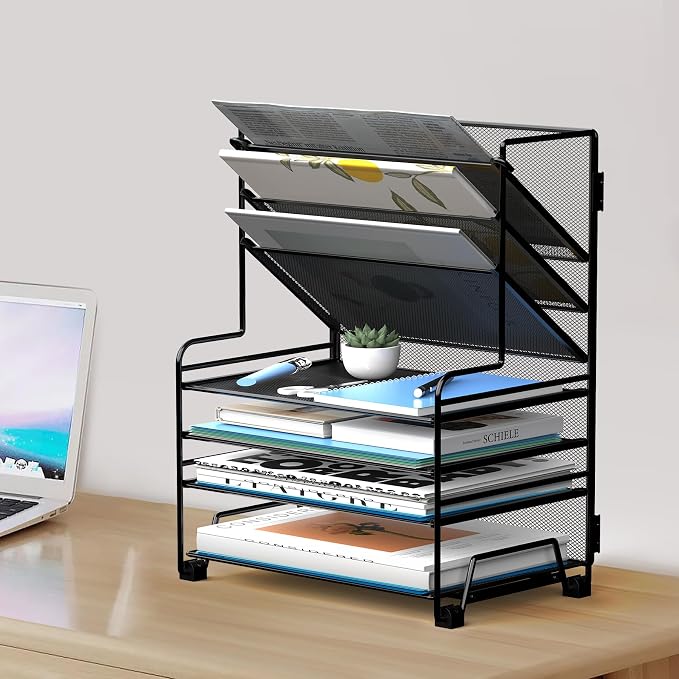 MINDEPOT 4-Tier Paper Organizer + 3-Pocket File Holder + Drawer + Pen Holders - Image 6