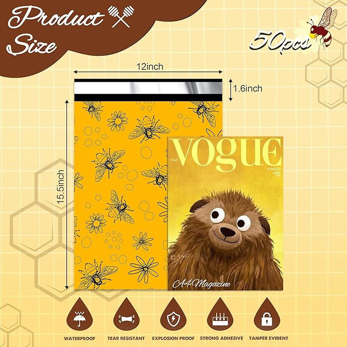 Bees Poly Mailer 12x15.5 Inch 50 Pcs, Waterproof Shipping Bags for Clothing, Tear-Resistant Mailier Bags, Strong Mailing Bags with Self-Seal-DeskLoop Office