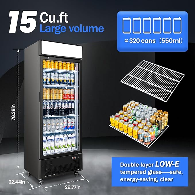 Commercial Beverage Refrigerator 15 Cu.ft. with Glass Door Display Merchandiser Fridge ETL Drink Cooler for Bars,Restaurants, Convenience Stores, Supermarkets and Offices-DeskLoop Office