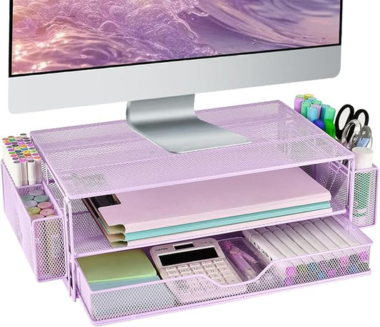 AUPSEN Computer Monitor Stands Riser,2-Tier Desk Organizers and Accessories, Office Desk Accessories Organizer with Drawers and 2 Pen Holder for Office Supplies (Purple)-DeskLoop Office