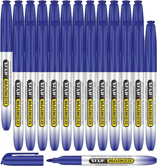 SFAIH Blue Permanent Markers Bulk - 24 Pack, 1s Quick Dry, Fine Point Permanent Markers for Paper Plastic Glass Metal Wood, Waterproof, Kitchen Classroom Office, Doodling, Marking, Non-Fading-DeskLoop Office