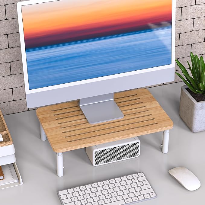 Bamboo Monitor Stand Riser, 4 Adjustable Height, Laptop Stand with Airflow Vents, Desk Organizer for Computer, PC, Printer (Natural)-DeskLoop Office