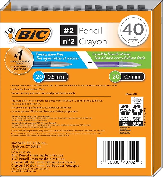 Bic Mechanical Pencil #2 EXTRA SMOOTH, 40 Pack Of Twenty 0.5mm, and Twenty 0.7 mm - Assorted Colored Barrels - Variety Pack of Bic Lead Pencils-DeskLoop Office