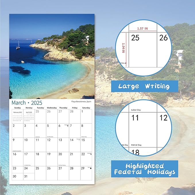2025 Wall Calendar,Calendar 2026, July 2025 - June 2026, Wall Calendar BEACHES, 12" x 24" Opened,Full Page Months Thick & Sturdy Paper for Calendar Organizing & Planning-DeskLoop Office