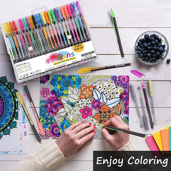 Lemical 48pcs Gel Ink Pens - 4 Types (12 Pastel, 12 Neon, 12 Metallic, 12 Glitter) Colors Drawing Pens for Greeting Cards, Coloring Books, Office Art-DeskLoop Office