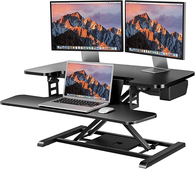 SANODESK 35" Electric Standing Desk Converter,Height Adjustable Riser for Office Home, Monitor and Laptop Workstation with Large Keyboard Tray,Black Color-DeskLoop Office