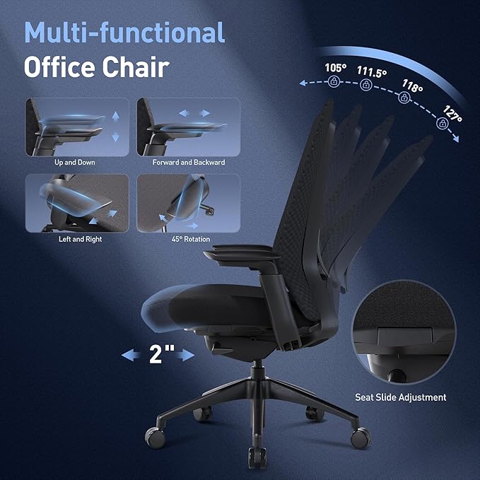 COLAMY Ergonomic Mesh Office Chair, Computer Executive Desk Chair, Ergonomic Office Chair Lumbar Support with Flexible Backrest, Slide Seat, Blackgrey-DeskLoop Office