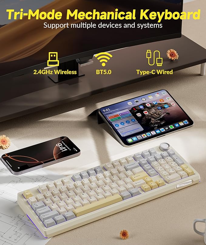 KI99 Pro 96% Wireless Mechanical Gaming Keyboard, Creamy Keyboard with Number Pad, Hot-Swappable Pre-Lubed Switches, Gasket Structure RGB Keyboards for Gamer/PC/Laptop(Beige White)-DeskLoop Office