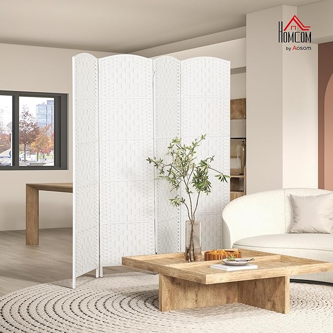 HOMCOM Room Divider, 4 Panel Folding Privacy Screen, 6FT Tall Portable Wicker Weave Partition Wall Divider for Bedroom, Home Office, White-DeskLoop Office