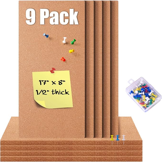 9 Pack Cork Bulletin Board 17"x8" - 1/2" Thick Cork Board Tiles,Self-Adhesive Frameless Cork Tiles Wall Decor with 50 PCS Pushpins for DIY, Office, School and Home Decor-DeskLoop Office