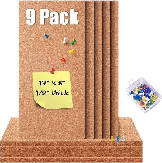 9 Pack Cork Bulletin Board 17"x8" - 1/2" Thick Cork Board Tiles,Self-Adhesive Frameless Cork Tiles Wall Decor with 50 PCS Pushpins for DIY, Office, School and Home Decor-DeskLoop Office