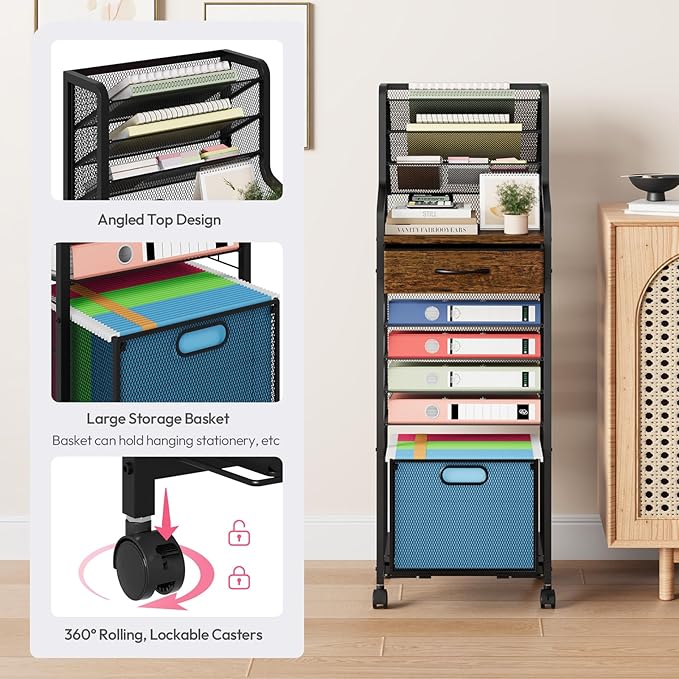 SWTYMIKI 10-Tier Rolling File Cart - Mesh Paper Organizer with Drawer and Hanging File Folders on Lockable Wheels, Wood Teacher Cart for Office Organization, Storage in Home, Studio, School, Espresso-DeskLoop Office