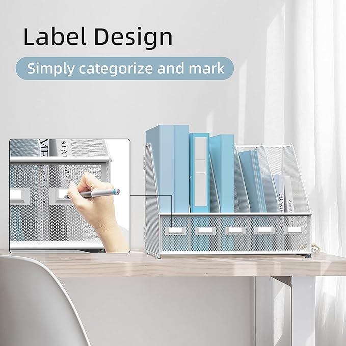 SUPEASY Desk Organizers Metal Desk Magazine File Holder with 5 Vertical Compartments Rack File Organizer for Office Desktop, Home Workspace, White-DeskLoop Office