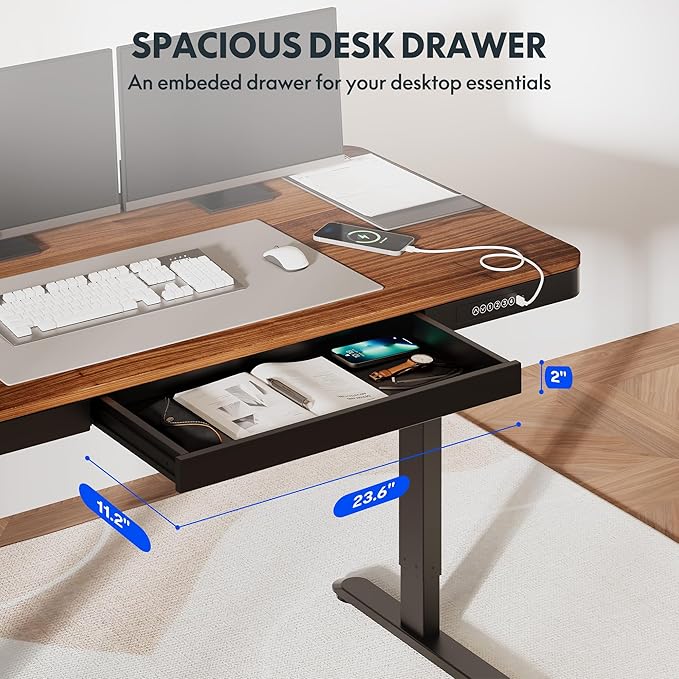 FLEXISPOT Comhar 55" Electric Standing Desk with Drawers, Quick Assembly Home Office Sit Stand Desk with Storage & USB Charging, Computer Workstation for Home Office (55" Wood, Dark Walnut/Black)-DeskLoop Office