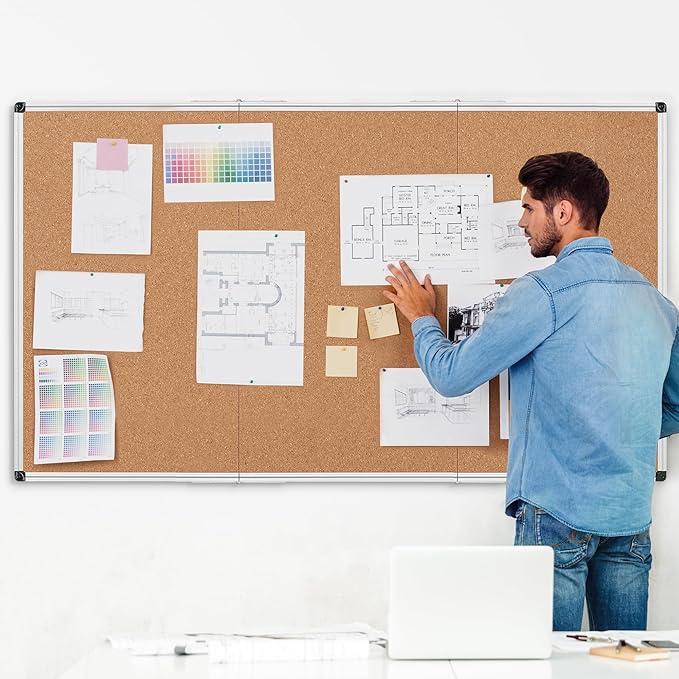 Board2by Extra Large Cork Bulletin Board 96" X 48", Foldable Notice Pin Board for Wall, Silver Aluminum Framed 8'x4' Corkboard, Wall Mounted Noticeboard with 36 Push Pins for School, Home & Office-DeskLoop Office