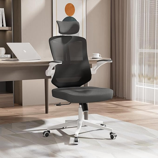 Office Desk Chair, High Back Ergonomic Comfy Offiec Chairs, Computer Mesh Chair with Folding Arms, Adjustable Headrest, Capacity 350LBS, Lumbar Support-DeskLoop Office